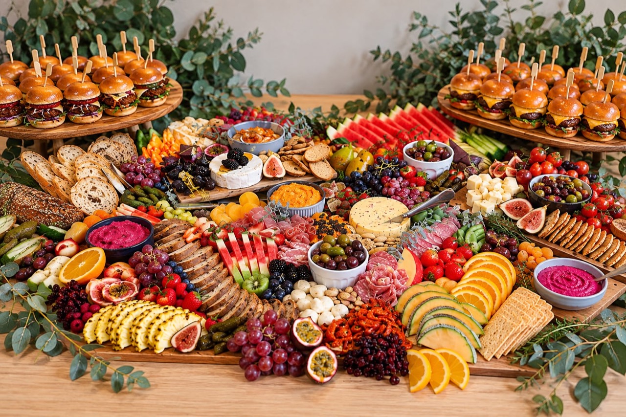 A colourful grazing table with sliders, fresh fruit, cheeses and savoury food