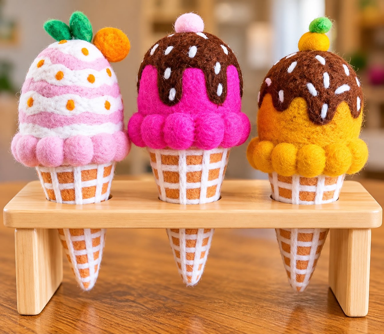 Three colourful felt ice cream cones in a wooden display stand