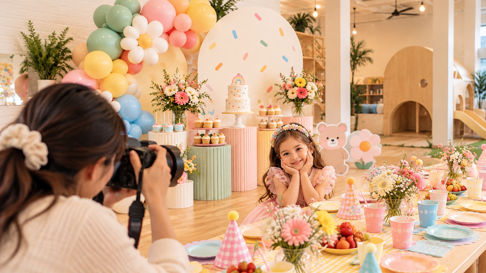 Photographer capturing a child at a pastel birthday party